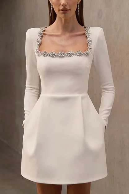 Women’s Long Sleeve Embellished Mini Cocktail Dress with Square Neck