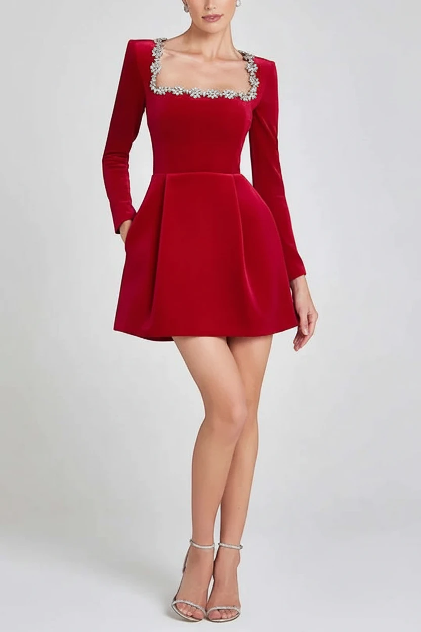 Women’s Long Sleeve Embellished Mini Cocktail Dress with Square Neck