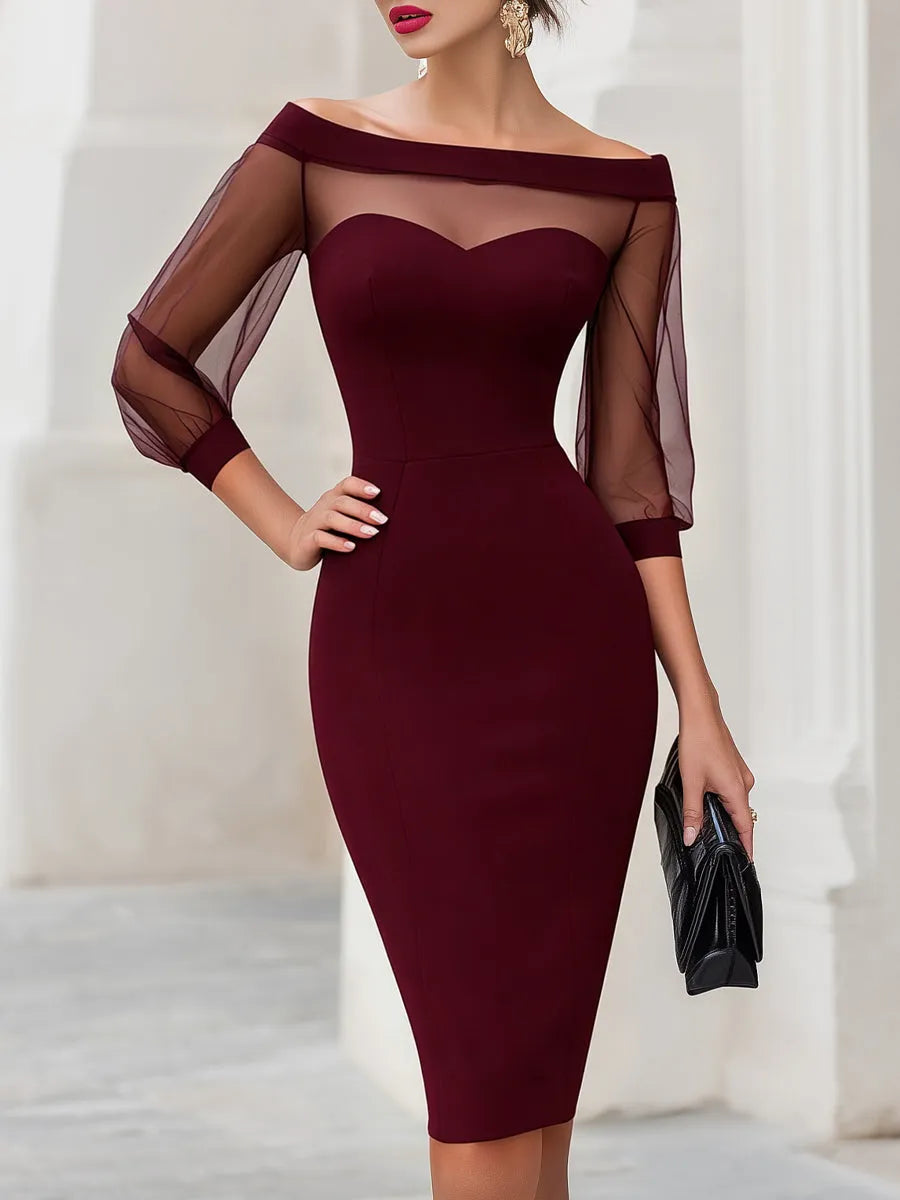 Women's Off Shoulder Bodycon Midi  Wedding Guest Dress with Sweetheart Neckline