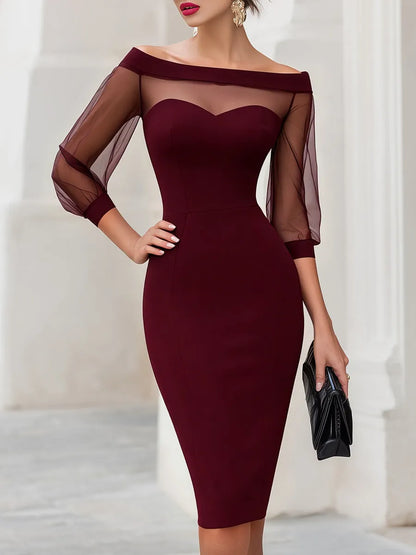 Women's Off Shoulder Bodycon Midi  Wedding Guest Dress with Sweetheart Neckline