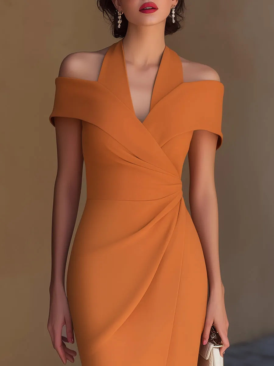 Women's Off Shoulder Halter Neck Midi Wedding Guest Dress with Ruched Details