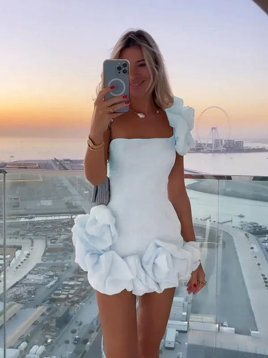 Women’s One Shoulder Party Mini Cocktail Dress with Flowery Details