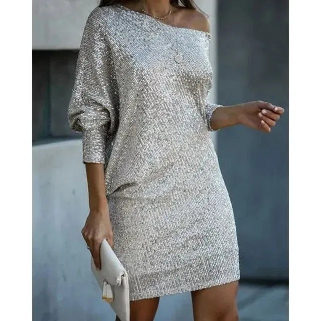 Women’s One Shoulder Sequin Mini Cocktail Dress with Balloon Sleeves