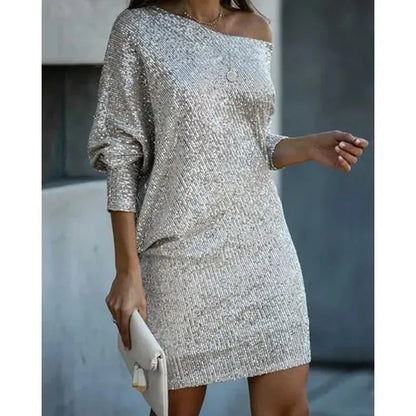 Women’s One Shoulder Sequin Mini Cocktail Dress with Balloon Sleeves