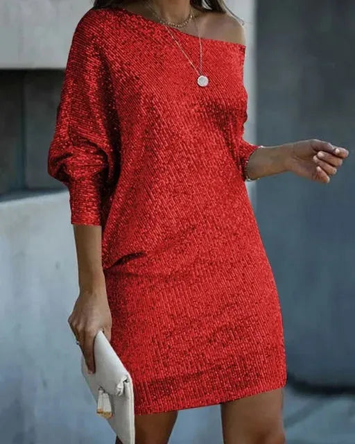 Women’s One Shoulder Sequin Mini Cocktail Dress with Balloon Sleeves