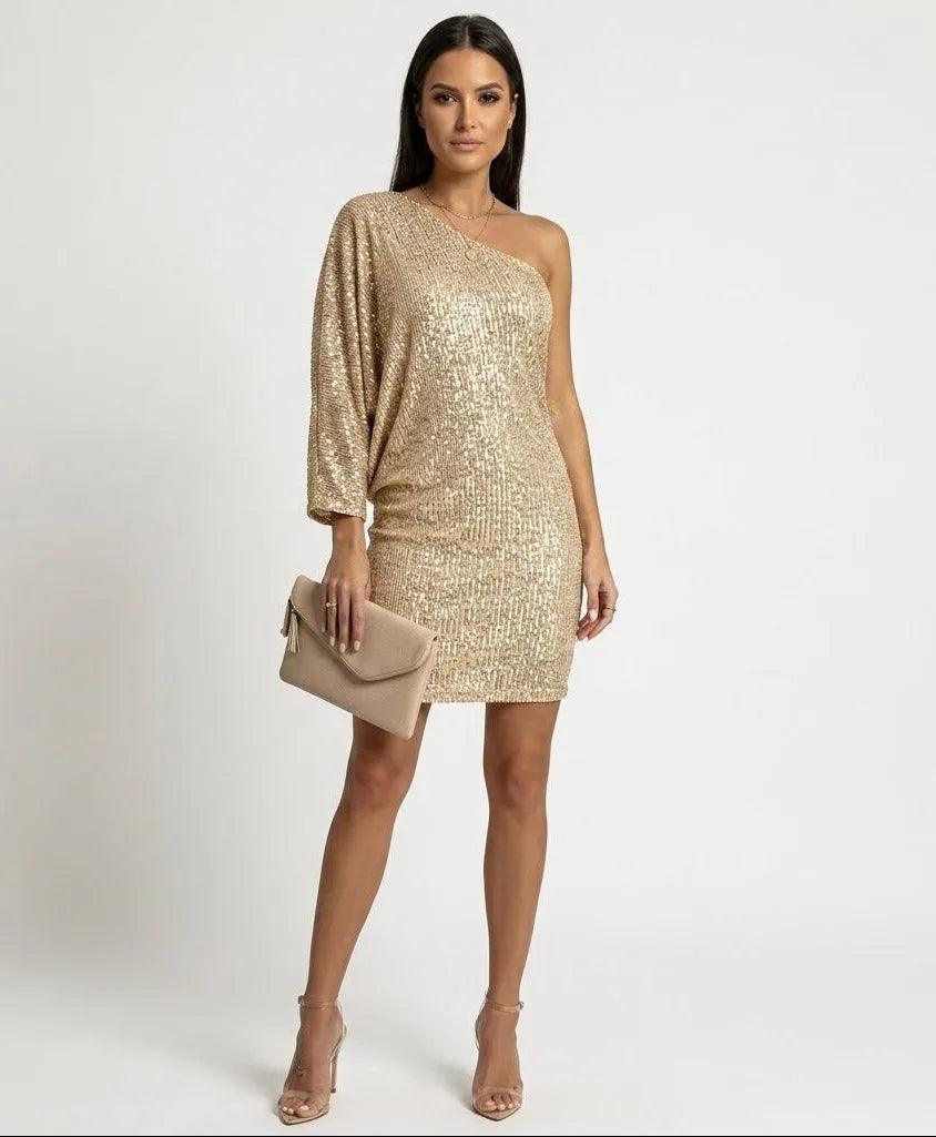 Women’s One Shoulder Sequin Mini Cocktail Dress with Balloon Sleeves