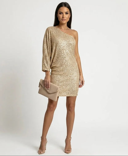 Women’s One Shoulder Sequin Mini Cocktail Dress with Balloon Sleeves