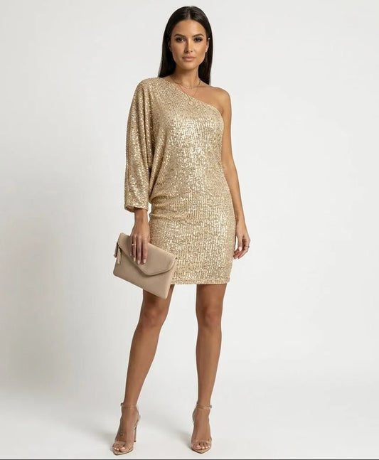 Women’s One Shoulder Sequin Mini Cocktail Dress with Balloon Sleeves