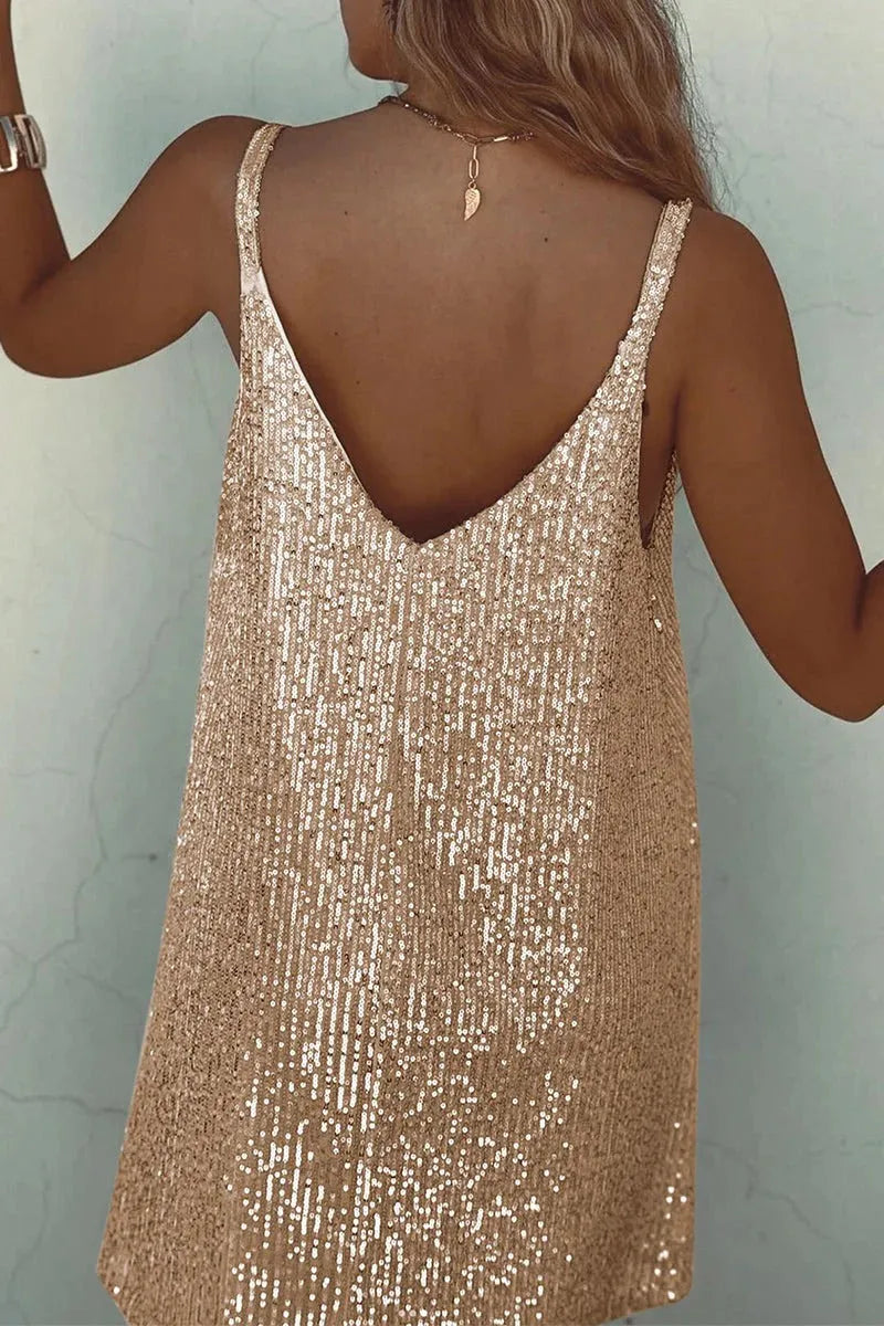 Women's Party Sparkly  Mini Cocktail Dress with V-Neck