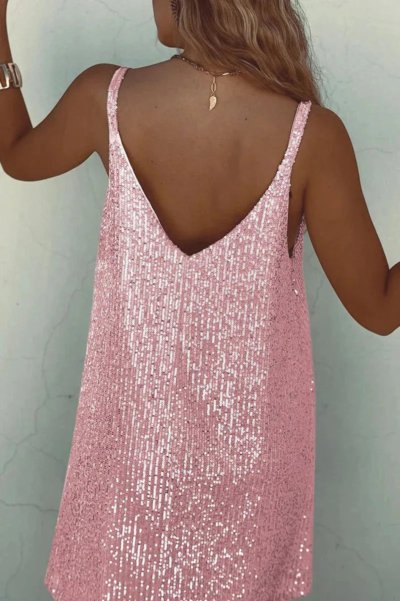 Women's Party Sparkly  Mini Cocktail Dress with V-Neck