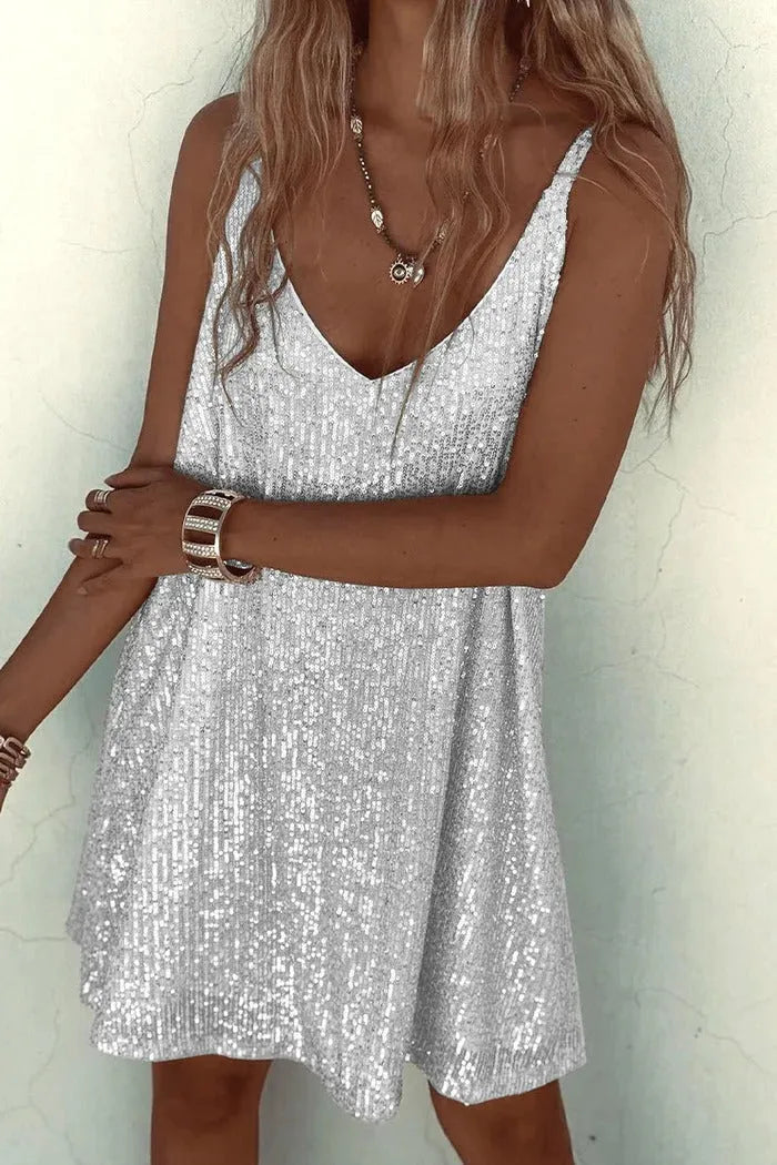Women's Party Sparkly  Mini Cocktail Dress with V-Neck
