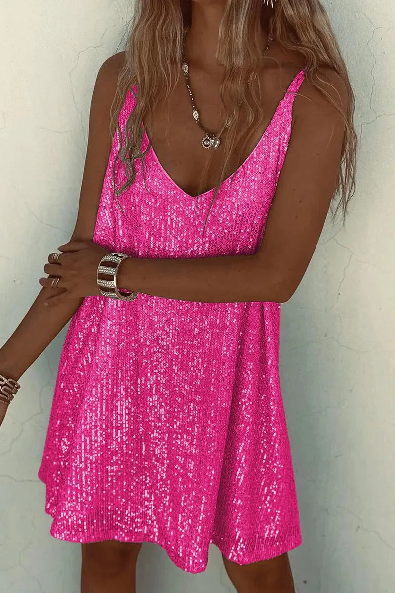 Women's Party Sparkly  Mini Cocktail Dress with V-Neck