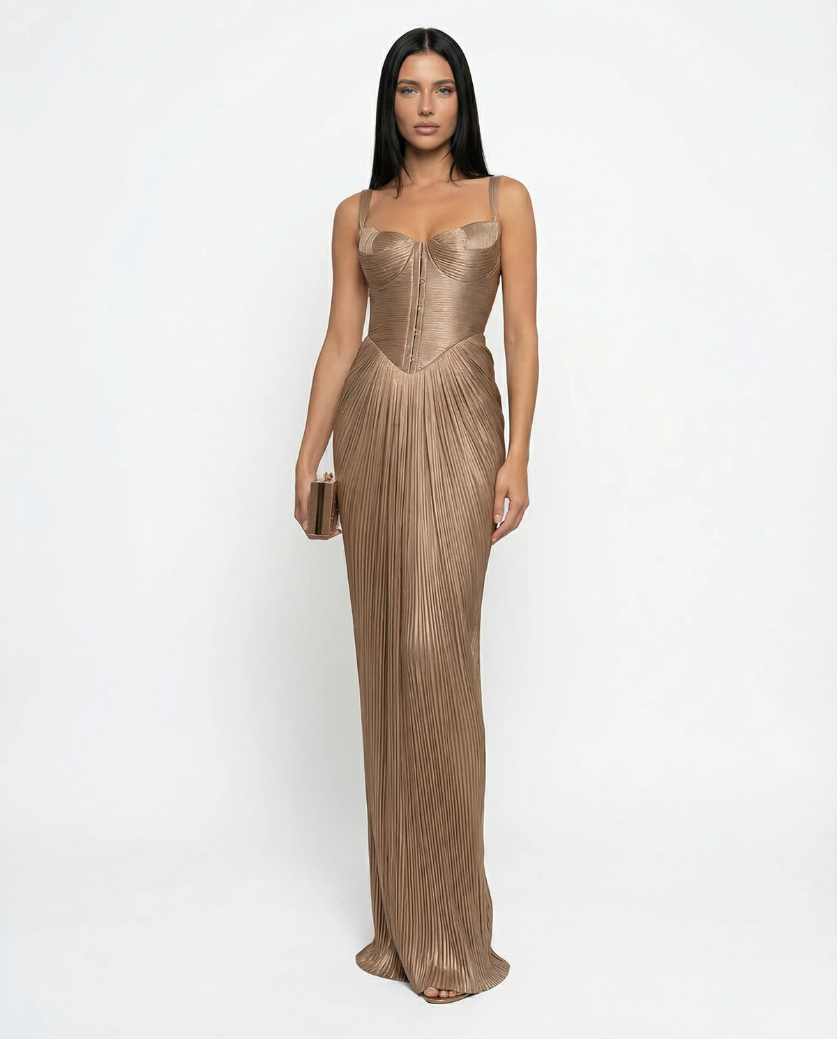 Women's Pleated Corset Maxi Cocktail Dress with Sweetheart Neckline