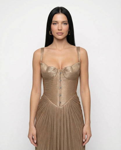 Women's Pleated Corset Maxi Cocktail Dress with Sweetheart Neckline
