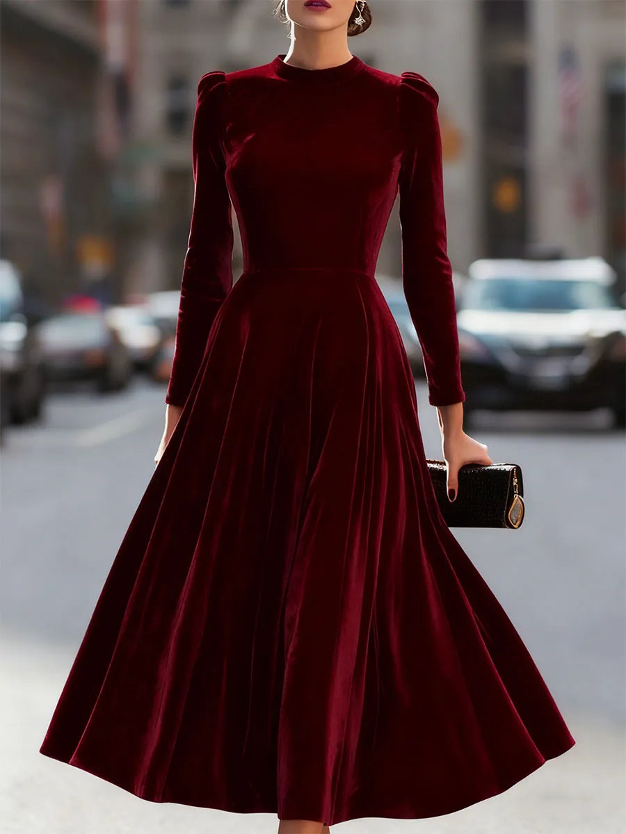 Women's Pleated Long Sleeve Midi Wedding Guest Dress with Puff Sleeve