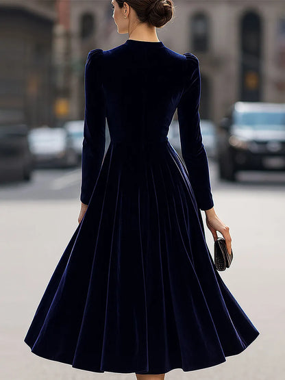 Women's Pleated Long Sleeve Midi Wedding Guest Dress with Puff Sleeve