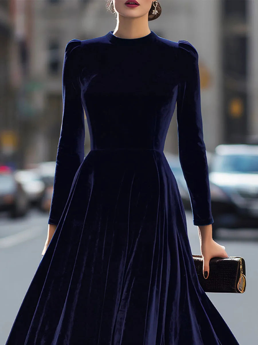 Women's Pleated Long Sleeve Midi Wedding Guest Dress with Puff Sleeve