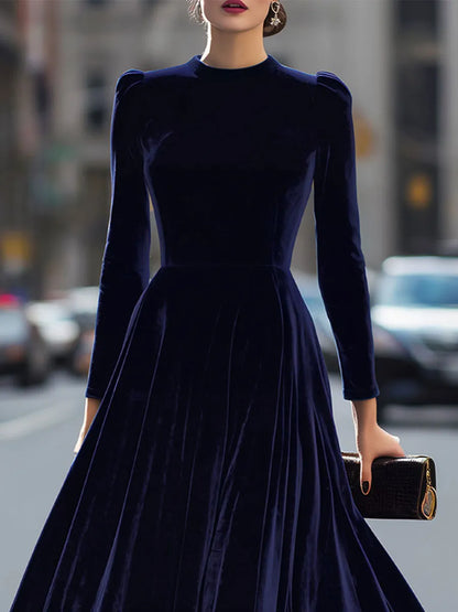 Women's Pleated Long Sleeve Midi Wedding Guest Dress with Puff Sleeve