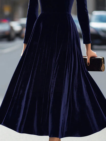 Women's Pleated Long Sleeve Midi Wedding Guest Dress with Puff Sleeve
