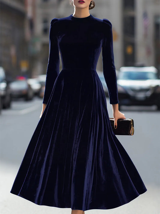 Women's Pleated Long Sleeve Midi Wedding Guest Dress with Puff Sleeve