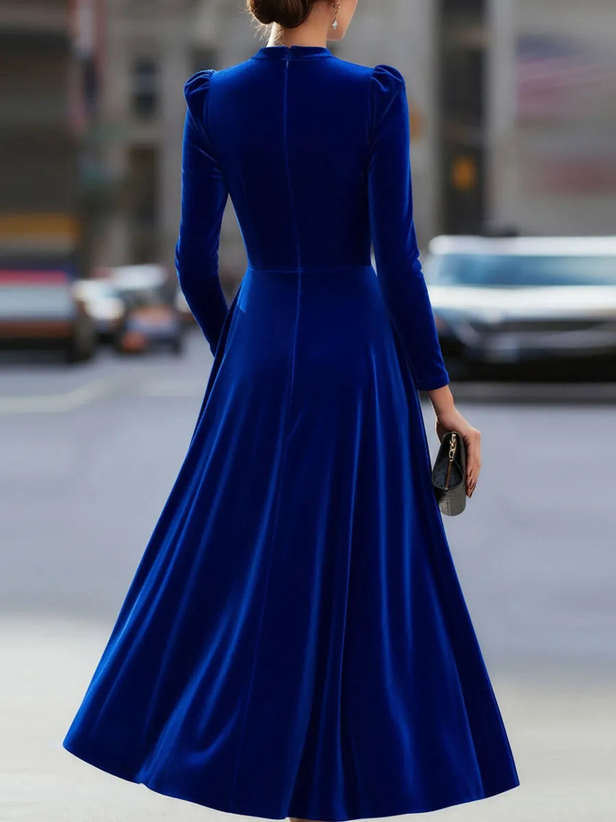 Women's Pleated Long Sleeve Midi Wedding Guest Dress with Puff Sleeve