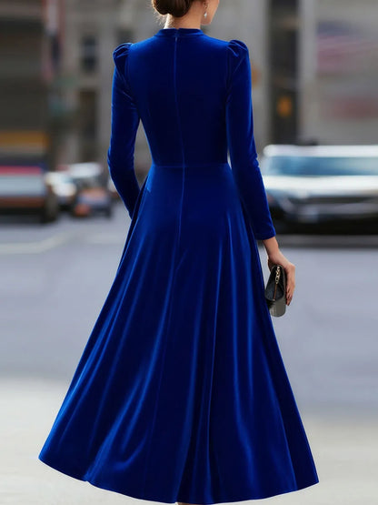 Women's Pleated Long Sleeve Midi Wedding Guest Dress with Puff Sleeve