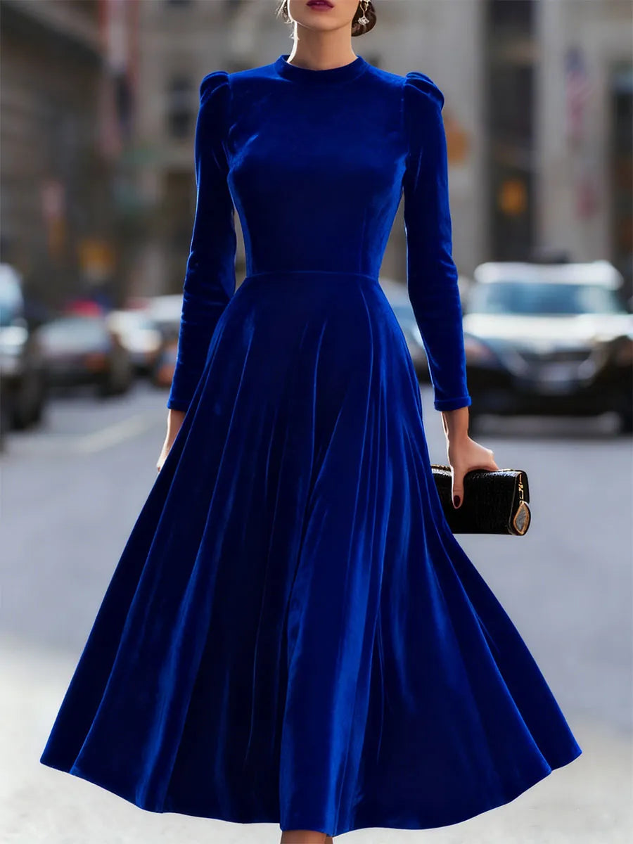 Women's Pleated Long Sleeve Midi Wedding Guest Dress with Puff Sleeve