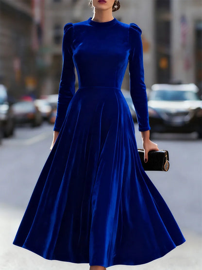 Women's Pleated Long Sleeve Midi Wedding Guest Dress with Puff Sleeve
