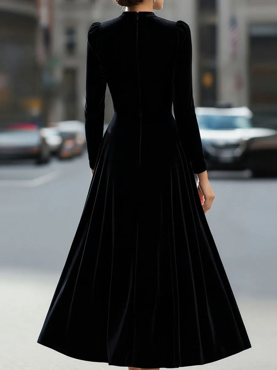 Women's Pleated Long Sleeve Midi Wedding Guest Dress with Puff Sleeve