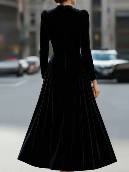 Women's Pleated Long Sleeve Midi Wedding Guest Dress with Puff Sleeve