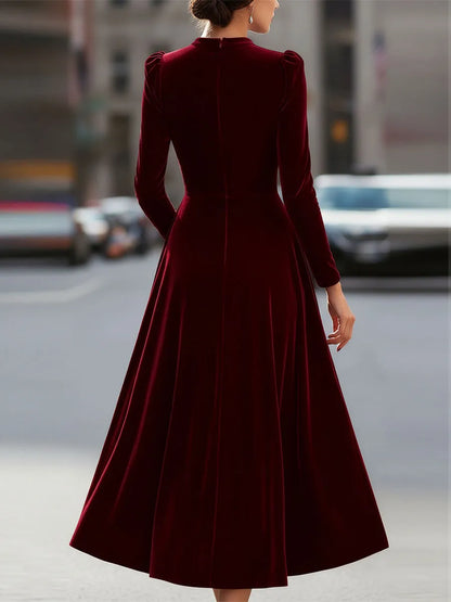 Women's Pleated Long Sleeve Midi Wedding Guest Dress with Puff Sleeve