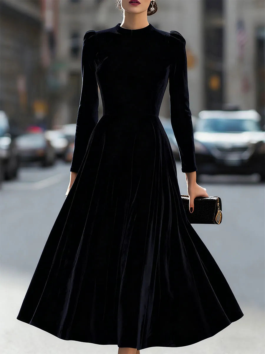 Women's Pleated Long Sleeve Midi Wedding Guest Dress with Puff Sleeve