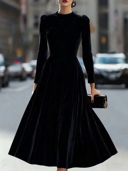 Women's Pleated Long Sleeve Midi Wedding Guest Dress with Puff Sleeve