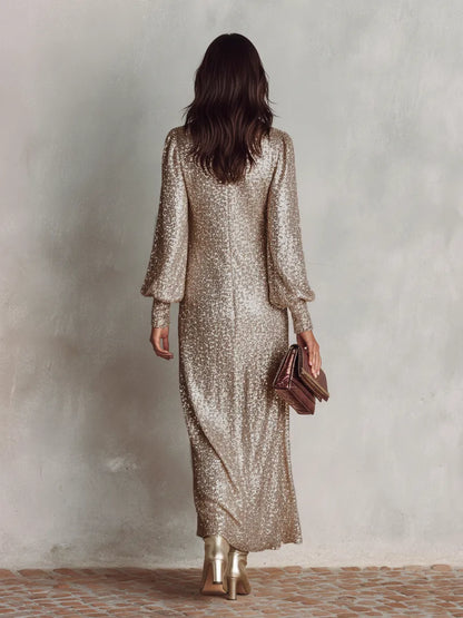 Women’s Sequin Elegant Maxi Cocktail Dress with V-Neck
