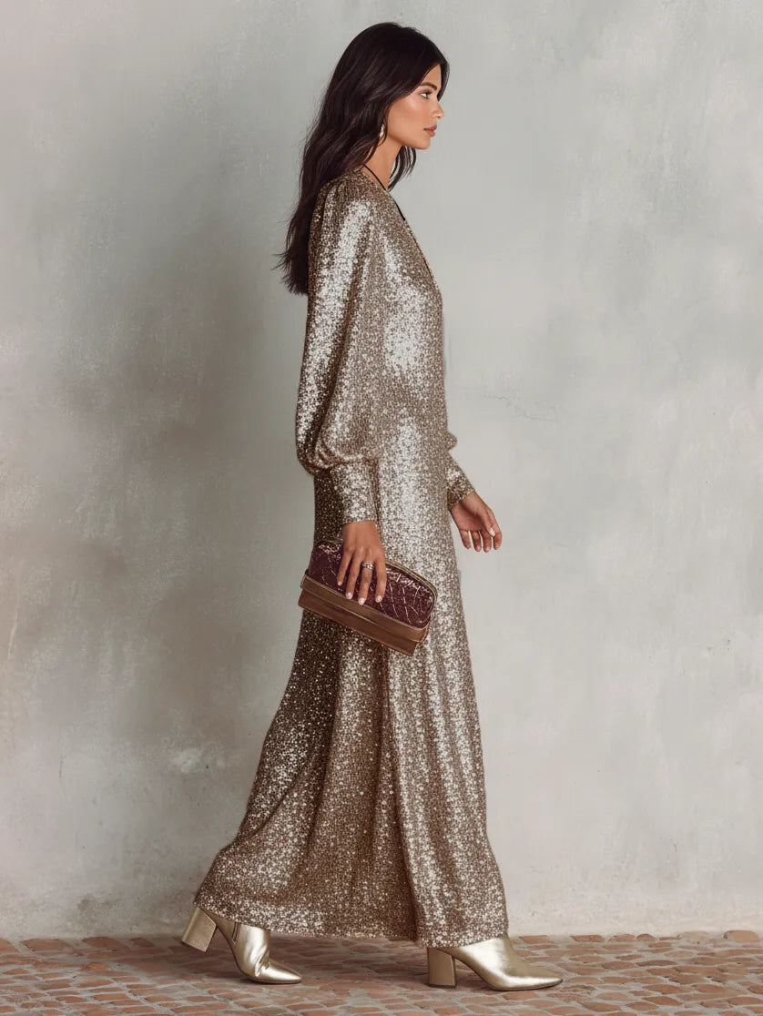Women’s Sequin Elegant Maxi Cocktail Dress with V-Neck