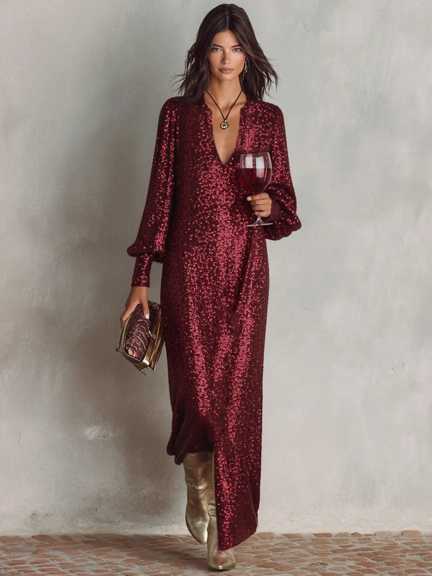 Women’s Sequin Elegant Maxi Cocktail Dress with V-Neck