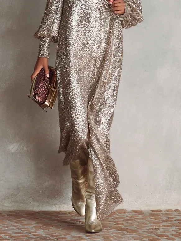 Women’s Sequin Elegant Maxi Cocktail Dress with V-Neck