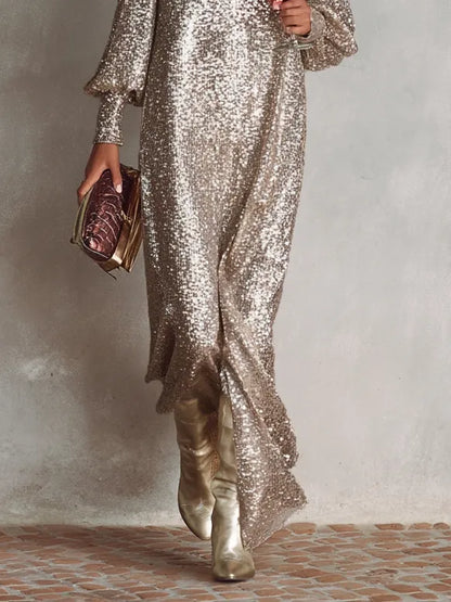 Women’s Sequin Elegant Maxi Cocktail Dress with V-Neck