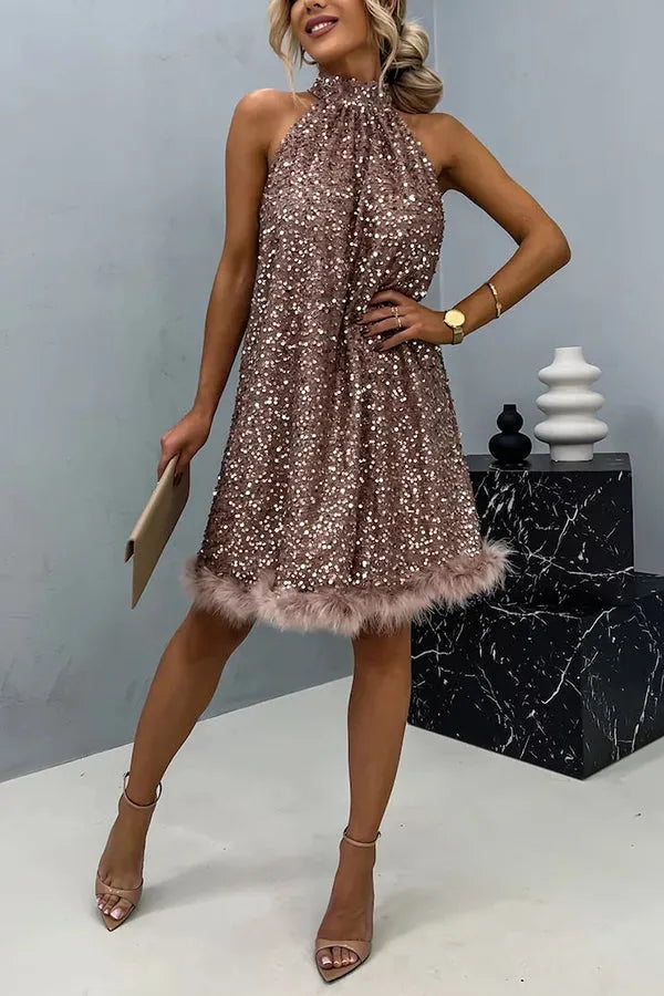 Women’s Sequin Elegant Mini Cocktail Dress with Halter Neck