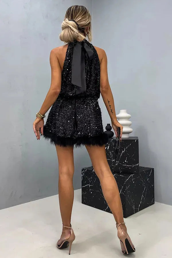 Women’s Sequin Elegant Mini Cocktail Dress with Halter Neck