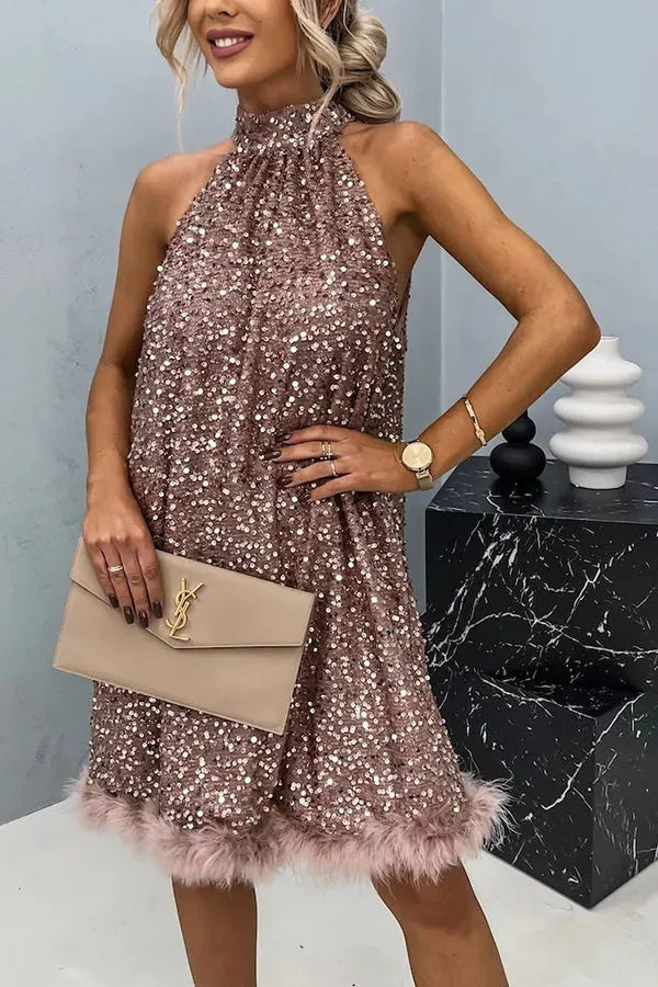 Women’s Sequin Elegant Mini Cocktail Dress with Halter Neck