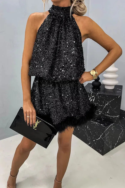 Women’s Sequin Elegant Mini Cocktail Dress with Halter Neck