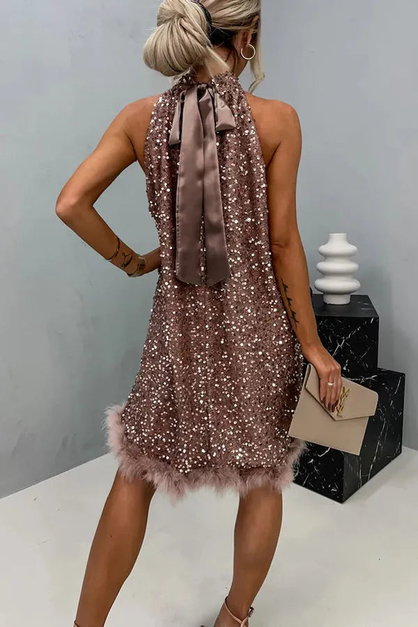 Women’s Sequin Elegant Mini Cocktail Dress with Halter Neck