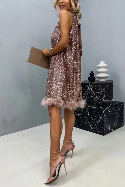 Women’s Sequin Elegant Mini Cocktail Dress with Halter Neck