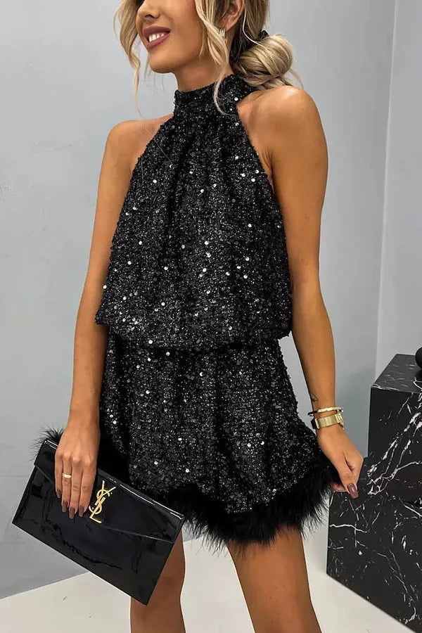 Women’s Sequin Elegant Mini Cocktail Dress with Halter Neck