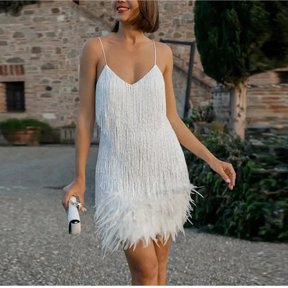 Women’s Sequin Embellished Mini Cocktail Dress with Fringe Details