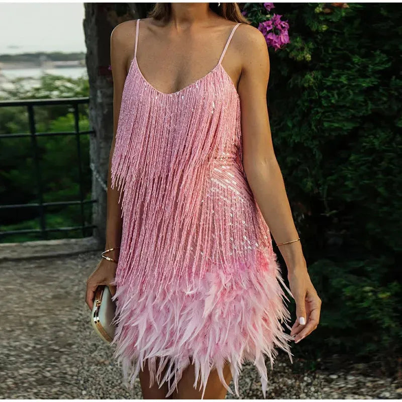 Women’s Sequin Embellished Mini Cocktail Dress with Fringe Details