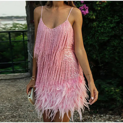 Women’s Sequin Embellished Mini Cocktail Dress with Fringe Details