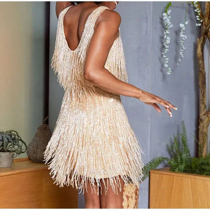 Women’s Sequin Embellished Mini Cocktail Dress with Fringe Details