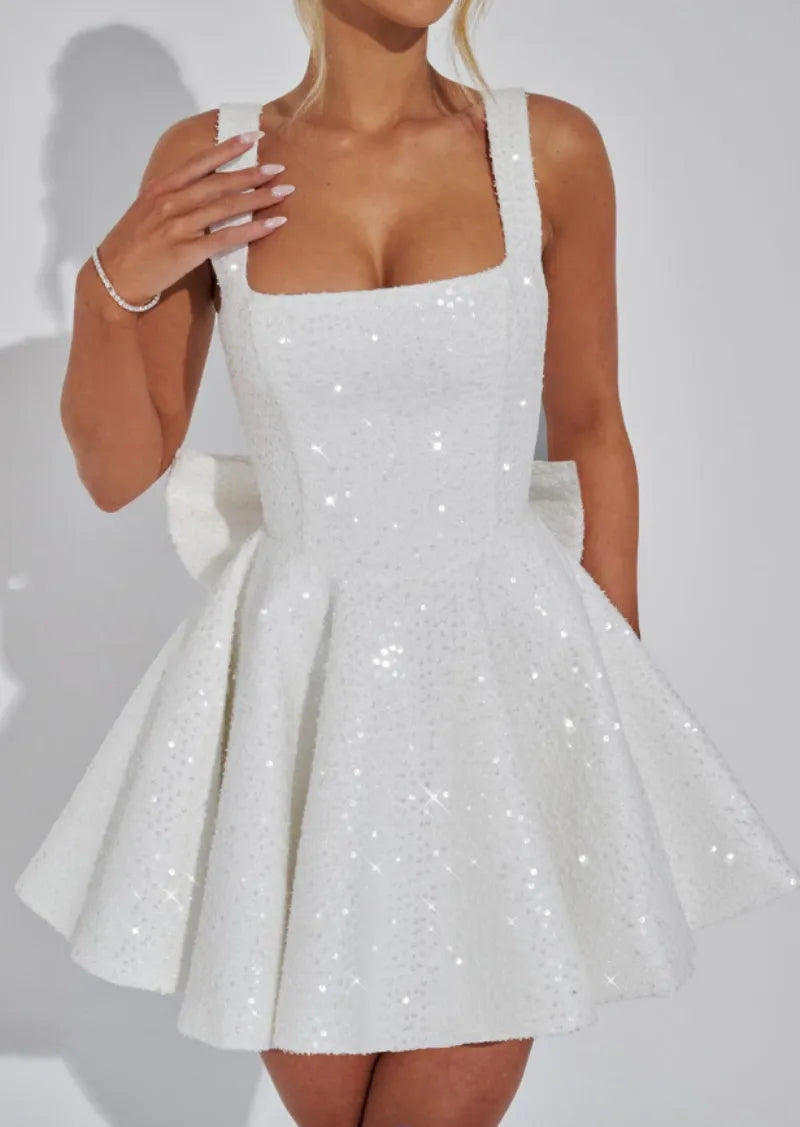 Women’s Sequin Fit and Flare Mini Cocktail Dress with Bow